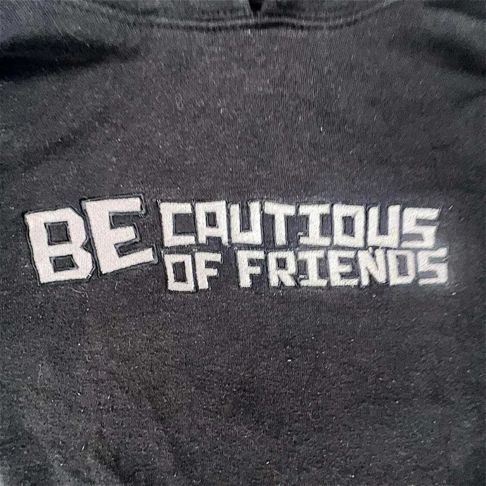 Y2K Be Cautious of Friends Hoodie Pullover Black Graphic Print Lightning Bolt XS